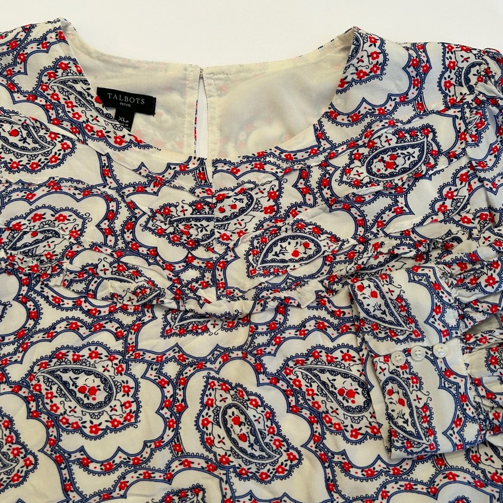 Talbots Petite Paisley Print Blouse Women's XLP XL Red Blue White Long Sleeve